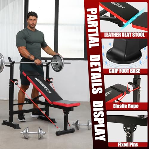 OPPSDECOR 660lbs 6 in 1 Weight Bench Set with Squat Rack, Workout Bench with Leg Extension Preacher Curl Rack Multi-Function Bench Press Set for Home Gym, ZWX1113 New Version Weight Bench