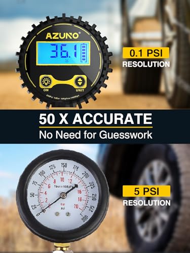 AZUNO Tire Inflator with Pressure Gauge, Most Accurate, Heavy Duty Tire Pressure Gauge with Durable Steel Braided Flexible Hose, Large 2.5" Easy Read Glow Dial and Quick Connect Coupler -100PSI