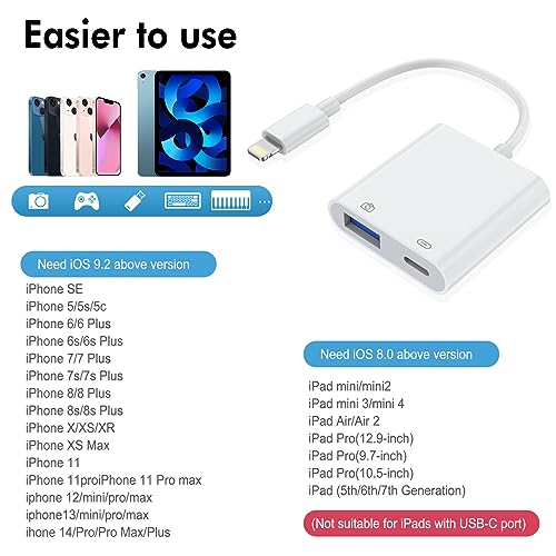 Lightning to USB Camera Adapter with Charging Port, USB Female OTG Adapter for iPhone iPad Models Support Connect Camera, Card Reader, USB Flash Drive, MIDI Keyboard Plug and Play