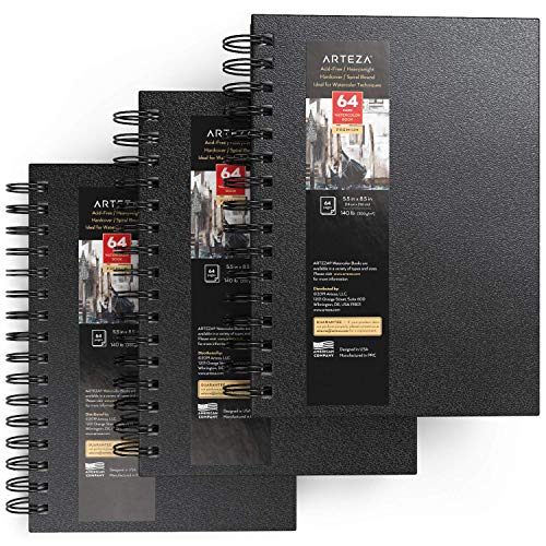 ARTEZA Watercolor Sketchbook Set, 3-Pack, 64 Pages per Book, 5.5 x 8.5 Inches, Black Hardcover Spiral Notebooks, 140-Pound Premium Watercolor Paper for Artists