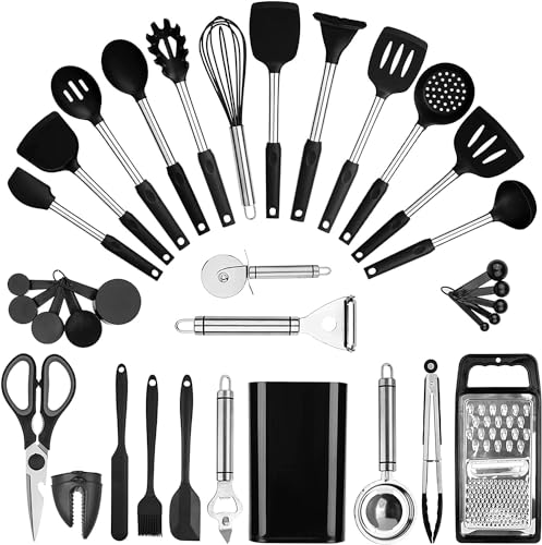 Kitchen Utensil Set-Silicone Cooking Utensils-46 Kitchen Gadgets & Spoons for Nonstick Cookware-Silicone and Stainless Steel Spatula Set-Best Kitchen Tools, Useful Pots and Pans Accessories