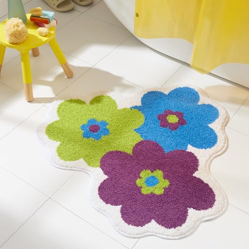 TOWN & COUNTRY PLAY Blossom Retro Daisy Flower Shaped Bath Mat, Absorbent Tufted Floor Mat, Non-Slip Backing, Machine Washable, Blue/Green/Purple, 31.5"x31.5"