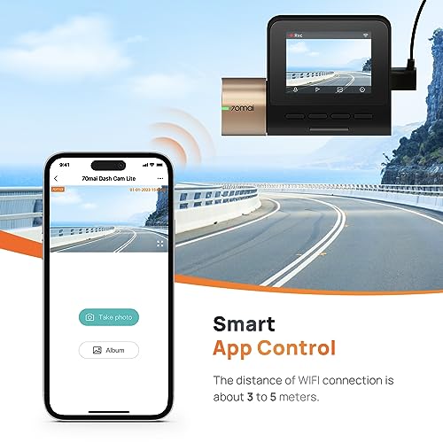70mai Dash Cam Lite, 1080P Full HD, Smart Dash Camera for Cars, Sony IMX307, Built-in G-Sensor, 130° Wide Angle FOV, WDR, Night Vision, Loop Recording