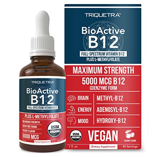 BioActive Vitamin B12 5000 mcg | Contains 3 BioActive B12 Forms Plus Methylfolate Cofactor - Methyl B12, Adenosyl B12 & Hydroxy B12 | Sublingual Form, Cherry Flavor, Organic, Vegan (60 Servings)