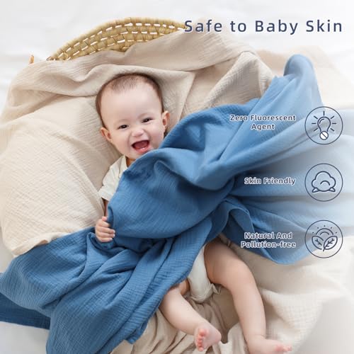 DaysU Muslin Baby Swaddle Blanket, Cotton Swaddling Blankets for Baby Boy and Girl, Nursery Skin-Friendly Baby Receiving Blanket for Newborns, Breathable Swaddle Wrap 2 Pack, 47”x47”-Blue+Oatmeal