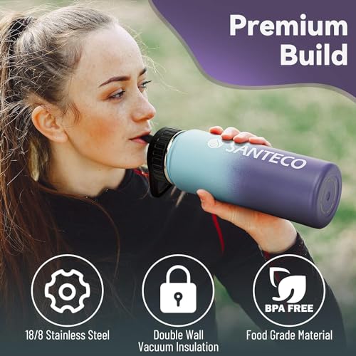 SANTECO Water Bottle 24 oz, Vacuum Insulated Stainless Steel Bottle with Straw Handle Lid, Leakproof Bottles, Wide Mouth Easy Clean, Keep Drinks Hot & Cold for Gym, Camping, Hiking, Blue Purple