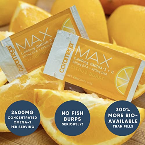 Coromega MAX High Concentrate Omega 3 Fish Oil, 2400mg Omega-3s with 3X Better Absorption Than Softgels, 30 Single Serve Packets, Citrus Burst Flavor; Supplement with Vitamin D