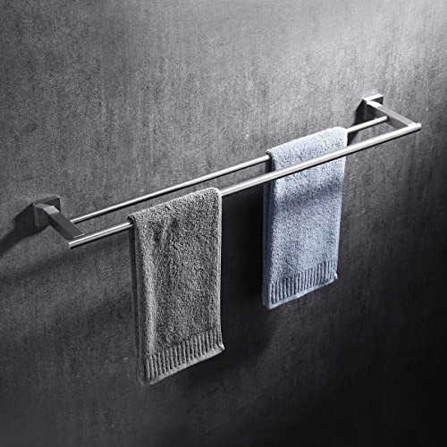 Hoooh 5-Piece Bathroom Accessories Set Brushed Stainless Steel Wall Mount - Includes Double Towel Bar, Towel Ring, Toilet Paper Holder, 2X Robe Hooks, BS101S5-BN
