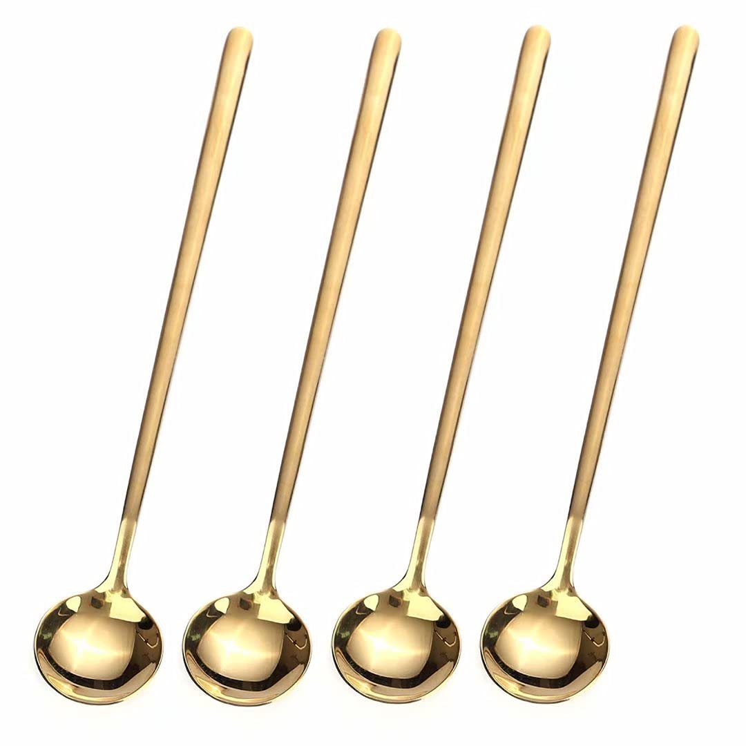 4 PCS 6.7 Inches Coffee Spoons, Stirring Spoons, Tea Spoons Long Handle, Gold Teaspoons, Gold Spoons, Ice Tea Spoons, Long Spoons for Stirring, Gold Espresso Spoons Stainless Steel