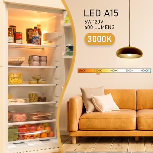 hansang LED Refrigerator Light Bulb E26 Base, 3000K Soft White, 6W Waterproof Appliance Bulb 60Watt Equivalent, A15 Small Fridge Light Bulb, Frigidaire Freezer Bulbs, 120V, 600LM, 2 Pack, Non-Dimmable