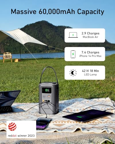 Anker Power Bank Power Station 60,000mAh,Portable Outdoor Generator 87W with Smart Digital Display, Retractable Auto Lighting and SOS Mode, Home Backup(PowerCore Reserve 192Wh) for Travel, Camping