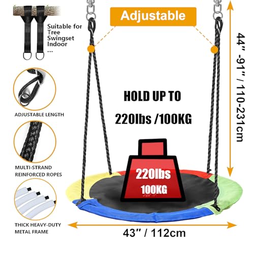 Hishine 50" Saucer Tree Swing for Kids, 360° Rotate Waterproof Flying Saucer Swing with Swivel, Hanging Straps, Adjustable Ropes, Round Mat Spinner Swing for Tree/Swing Set (Strap-Black)