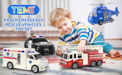 TEMI 4 Pack Emergency Vehicles for Kids, Helicopter, Police Car, Fire Truck, Ambulance Friction Powered Toys for Toddlers, Gifts for Age 3-12 Boys Girls