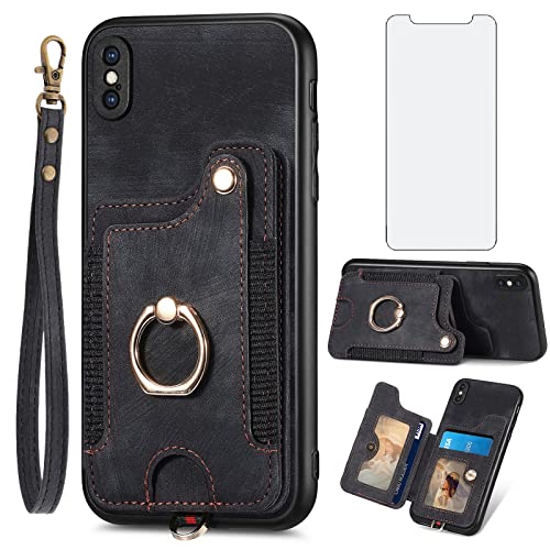 Phone Case for iPhone Xs Max Wallet Cover with Tempered Glass Screen Protector and Wrist Strap Lanyard RFID Credit Card Holder Ring Stand i X XR Xsmax 10x SX Xmax 10xs 10s 10 Plus Xmaxs Women Black