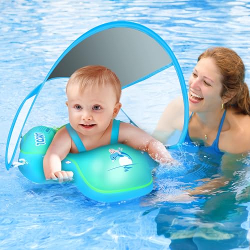 LAYCOL Baby Swimming Float with UPF50+ Sun Canopy Baby Floats for Pool No Flip Overbaby Pool for Baby Age of 3-36 Months (Deepblue, L)