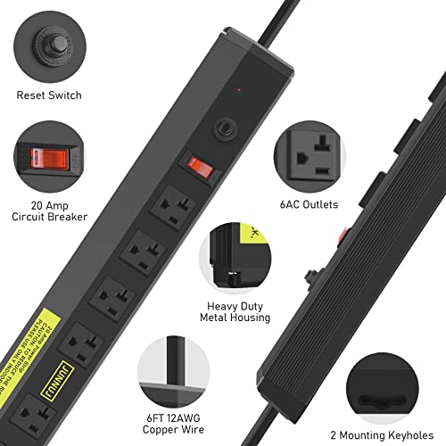 JUNNUJ Heavy Duty Metal Power Strip 20 Amp, High Amp Surge Protector 6 Outlet, 20A Power Strips Workshop Industrial Outlets Wide Spaced 6-20R T-Slot with Circuit Breaker, 12 Gauge Extension Cord 6ft