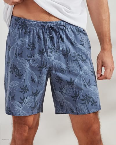 CARIBBEAN JOE Men's Sleep Set, Tropical Fronds Shorts and Blue Crew Neck T-Shirt Pajamas, Lightweight Novelty PJs
