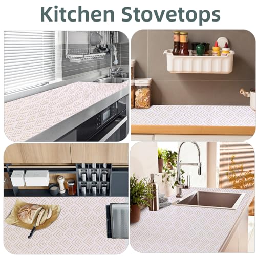 Shelf Liners for Kitchen Cabinets 12in x 20FT, Non Adhesive Cabinet Liner Strong Non-Slip Thickened Gold Green Geometric Drawer Liner, Easy to Clean for Shelf, Cabinet with Knife and Tape Measure
