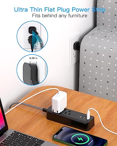 Cruise Essentials, USB C Travel Power Strip, Flat Plug Power Strip with 2 Outlets 3 USB Ports (1 USB C), Flat Extension Cord USB Charging Station, Non Surge Protector for Cruise, Travel, Home