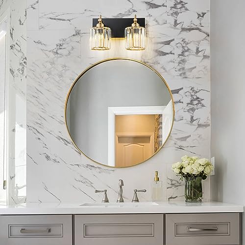 HUOKU Modern Crystal Bathroom Vanity Lights, Gold 4-Lights Bathroom Light Fixtures Over Mirror, Crystal Wall Lighting with Polished Gold Finish