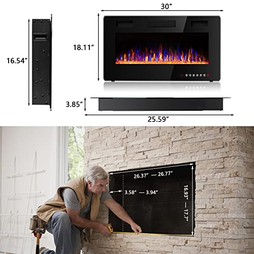 Vitesse 30 inch Ultra-Thin Electric Fireplace in-Wall Recessed and Wall Mounted Fireplace Heater,Linear Fireplace with Multicolor Flame,Timer,Low Noise,750/1500W,Touch Screen & Remote Control(30’’)