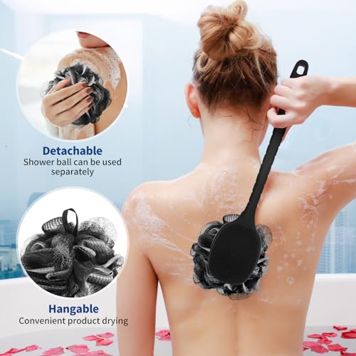 VWMYQ Silicone Back Scrubber for Shower, Bath Body Brush with Long Handle, Double Sided Shower Brush for Shower Exfoliating and Massage Can Produce Rich Foam, Long Handle Back Scrubber for Men