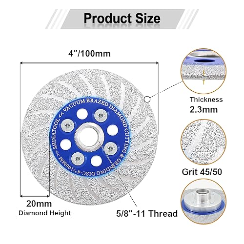 SHDIATOOL Diamond Cutting Saw Blade 4-Inch,Cut-Off Wheel Granite Grinding Disc 5/8 inch-11 Flange for Marble Concrete Tile Ceramic 100mm