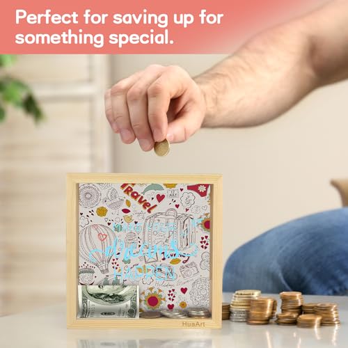 Piggy Bank for Kids. Wooden Money Coin Bank for Boys and Girls. Coin Bank Money Bank. Natural Wood Money Box. Printed on The Plexiglass Front-Make Your Dreams Happen.