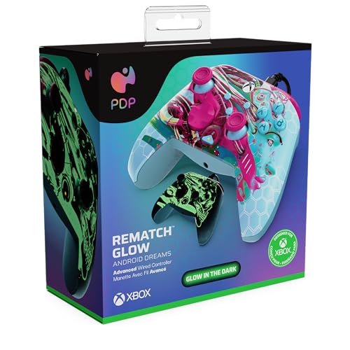 PDP Gaming REMATCH GLOW Enhanced Wired Gaming Controller: Licensed Glow in the Dark Gamepad for Xbox Series X|S, Xbox One, Windows PC, Mappable Back Buttons, Advanced Customizable App: Android Dreams