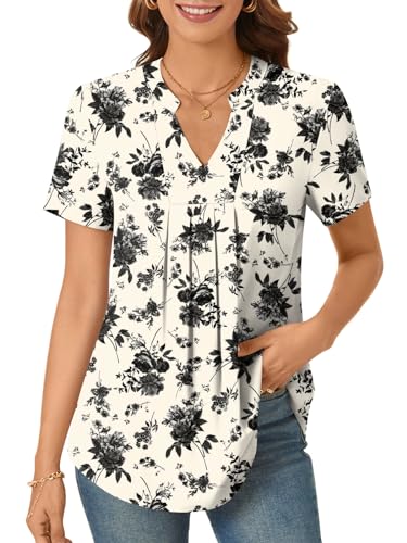 Bestbee Womens Short Sleeve Tunic Tops Notch V Neck 2024 Summer Shirts Dressy Chiffon Blouses Casual T-Shirts, M, Flower Multiple Orange