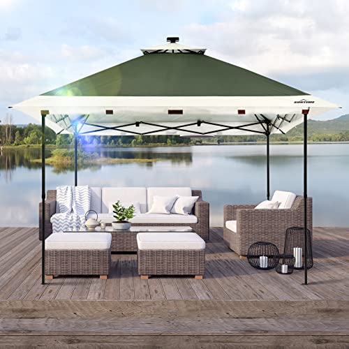 Suntime 12 x 12 Instant Pop Up Gazebo Polyester Canopy Tent Shelter with Solar LED Lights, 4 Zippered Screens, and Powder Coated Steel Frame, Green
