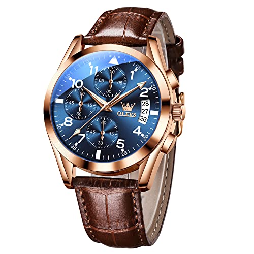 OLEVS Men's Watches Auto Date Multi-Function Rose Gold Quartz Watch for Men Blue Face Brown Leather Strap Casual Mens Chronograph Watches Water Resistant Easy Read Aviator Men's Cuff Watch for Father