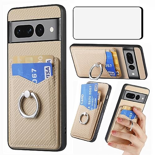 Phone Case for Google Pixel 7 Pro 5G Wallet Cover with Tempered Glass Screen Protector Slim Ring Stand Credit Card Holder Magnetic Cell Accessories Pixel7Pro Pixel7 XL Seven 7Pro 6.7 Women Men Beige