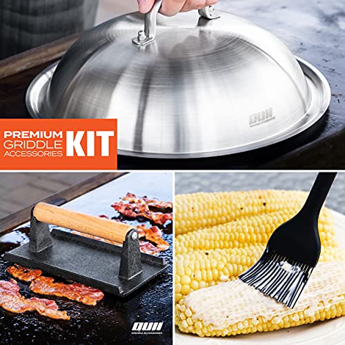 OUII Flat Top Griddle Accessories Set for Blackstone and Camp Chef Griddle - 12 Inch Heavy Duty Round Basting Cover Cheese Melting Dome with Cast Iron Burger Bacon Press & Basting Brush