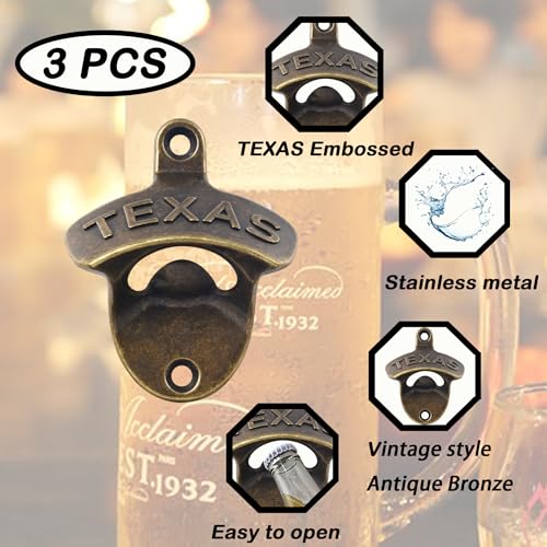 Luwanburg TEXAS Bottle Opener Wall Mounted Beer Cap Opener Vintage, Soda Bottle Top Opener Post Mounted Antique Bronze (Pack of 3)