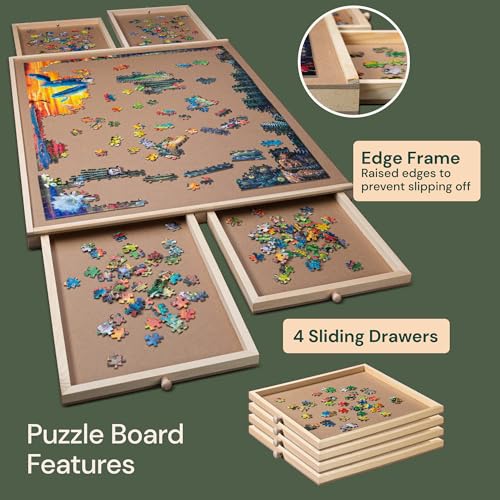 PLAYVIBE Rotating Jigsaw Puzzle Board with Drawers 1000 Piece – Puzzle Table with Cover, 4 Drawers, 22 1/4” x 30" – Wooden Puzzle Organizer – Puzzle Accessories