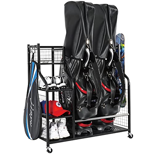 PLKOW Golf Bag Organizer Garage Storage Rack Golf Bag Stand Fits for 2 Golf Bags and Golf Accessories, Golf Storage Organizer for Garage, Shed and Basement