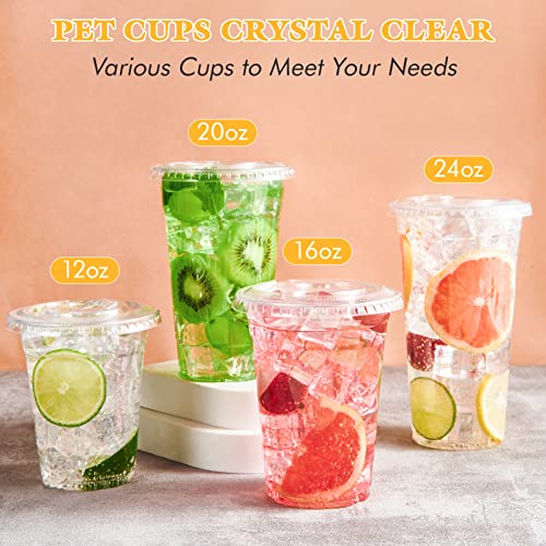 Vplus 200 Pack 12 OZ Clear Plastic Cups With Lids, Crystal PET Clear Cups, 12 OZ Cold Disposable Drinking Plastic Cups With Flat Lids, Perfect for Ice Coffee, Smoothie, Juice