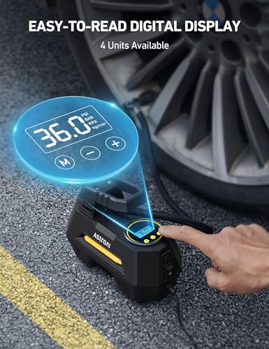 AstroAI Tire Inflator Portable Air Compressor Tire Air Pump for Car Tires - Car Accessories, 12V DC Auto Pump with Digital Pressure Gauge, Emergency LED Light for Bicycle, Balloons, Yellow