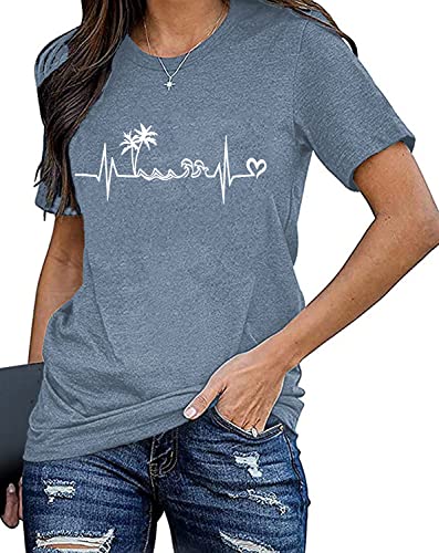 Beach Heartbeat T Shirt for Women Love Heart Graphic Tees Print Shirts Short Sleeve Casual Summer Vacation Tee Tops-Blue S