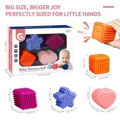 ROHSCE Soft Spiky Sensory Balls - Montessori Toys Baby Balls 6 to 12 Months Textured Geometric Shapes for Babies' Sensory Development, Sensory Balls for Toddlers 1-3 Bright Colors Bath Gifts