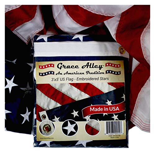 Grace Alley American Flag: 3x5 FT US Flag - 100% Made in USA. Embroidered Stars, Sewn Stripes and Brass Grommets. Fade Resistant, Heavy Duty, Long Lasting Nylon for Outdoor Durability.