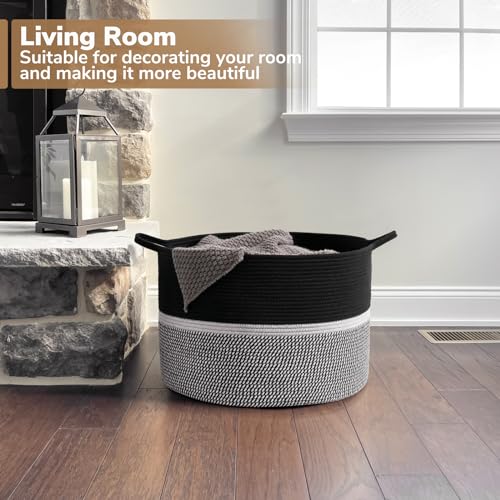 CHICVITA Extra Large Laundry Basket, Woven Rope Blanket Basket For Towels, Clothes, Toy Storage Baskets, Pillow Baskets For Living Room, Family Room, 22 x 22 x 14 inches, Black