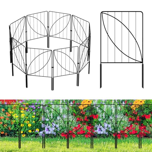 UIRWAY 10 Panels Garden Fences and Borders, Total 10.8ft(L) x 24in(H) Decorative Garden Fence with Leaf Pattern, Rustproof Metal Rabbit Fence for Garden, Small Garden Edging Fence for Outdoor