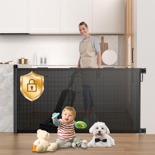 HAMOPY Retractable Baby Gate, 33" Tall, Extends up to 55" Baby Gates Extra Wide, Mesh Gates for Kids or Pets with Alarm, Durable Child Safety Gate for Doorways, Hallways, Stairs, Indoor/Outdoor(Black)