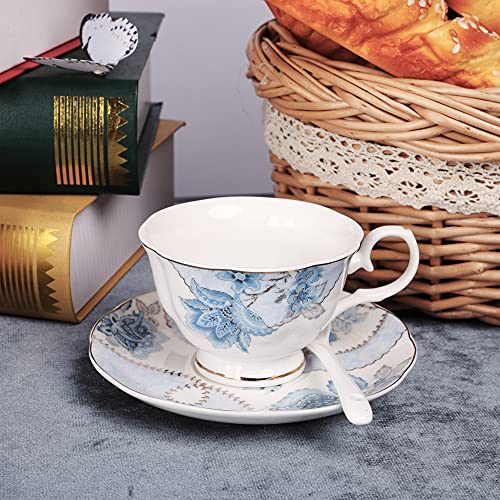 fanquare Blue Flowers Porcelain Tea Set, Tea Cup and Saucer Set Service for 6, Wedding Tea Set with Sugar Bowl Cream Pitcher, Floral Coffee Set for Tea Party