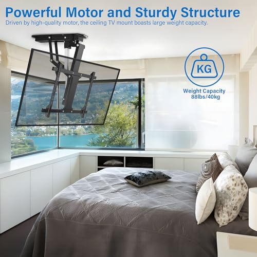 TOPSKY Electric Adjustable Ceiling TV Mount with Remote, Motorized Flip Down Pitched Roof TV Mount for 32 to 70 Inch Flat and Curved Screen TVs (Black)