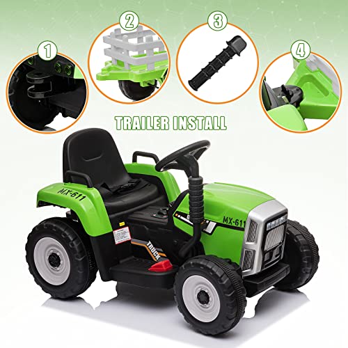 SEHOMY Kids Ride on Tractor with Trailer and 25W Dual Motors, 12V Battery Powered Electric Kids Car Vehicle Toys with Remote, 3-Gear-Shift, Music, LED Lights,USB, Power Wheels for Boys Green