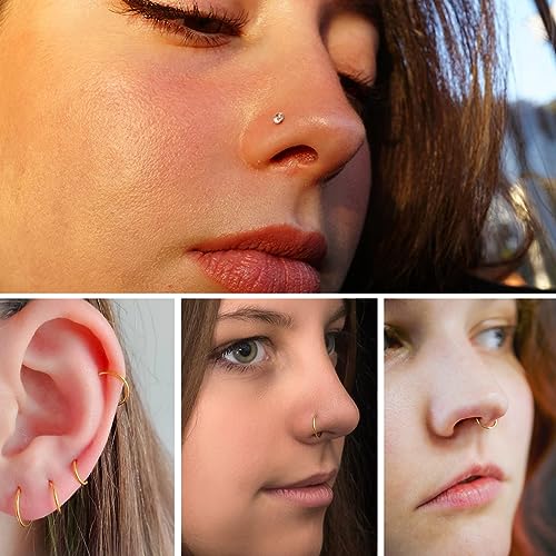 DAILI 12PCS 20G Nose Rings Studs, Surgical Steel Nose Ring L Shaped Corkscrew Bone Nose Stud Gold Nose Ring Hoop Nose Piercing Jewelry Hypoallergenic Cubic Zirconia Nose Stud Set for Women Men