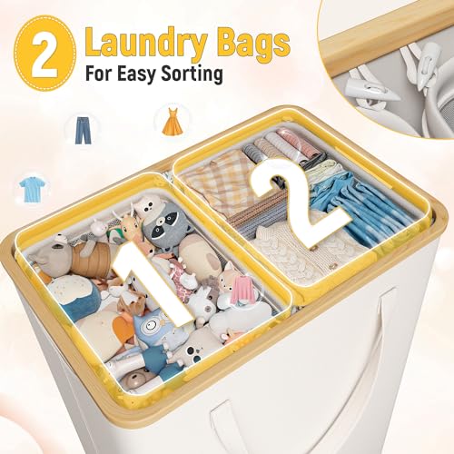 Raybee Laundry Hamper with Lid,160L Laundry Basket with Lid, Clothes Hamper for Laundry Hamper 2 Section, Laundry Hamper with 2 Removable Washing Bags,Freestanding Dirty Clothes Hamper,Beige